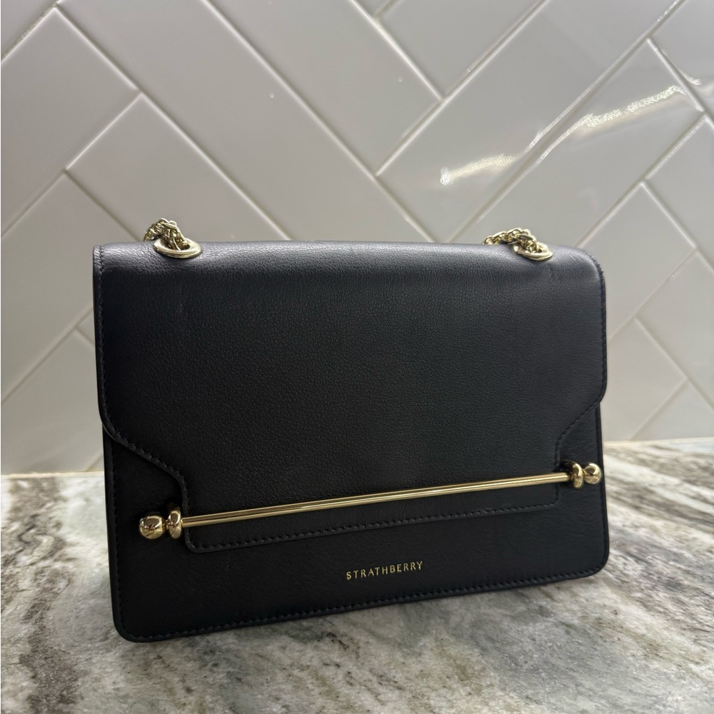 Strathberry East/West Black Crossbody Bag with Gold Accents